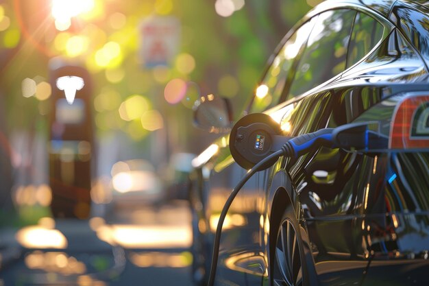 Carga de automóviles eléctricos en una estación en la naturaleza Concepto de energía ecológica