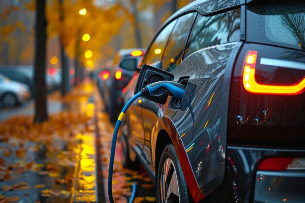 Foto carga de automóviles eléctricos en la estación pública