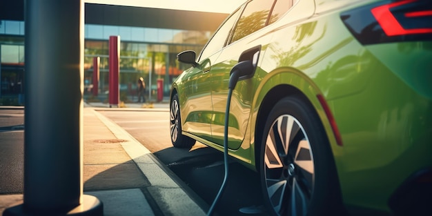 Carga de automóviles eléctricos en una gasolinera para un medio ambiente más verde