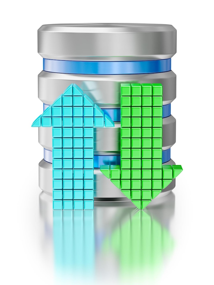 Foto carga de base de datos descargar concepto creativo fondo unidad de disco duro almacenamiento de datos base de datos icono símbolo con flechas aisladas sobre fondo blanco