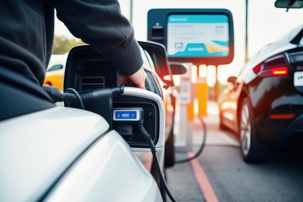 Carga de la batería de un coche eléctrico moderno en la calle de la fuente de alimentación conectada a un coche eléctrico