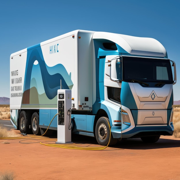 Carga de camiones eléctricos en una estación de carga creada con tecnología de inteligencia artificial generativa