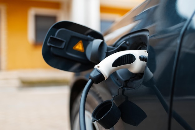 Carga de coche EV híbrido enchufable en la estación de carga de casa