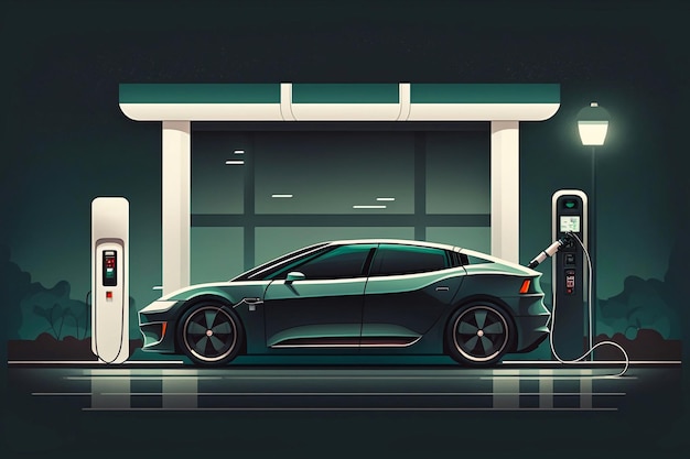 Carga de coches eléctricos modernos desde la estación Generative AI