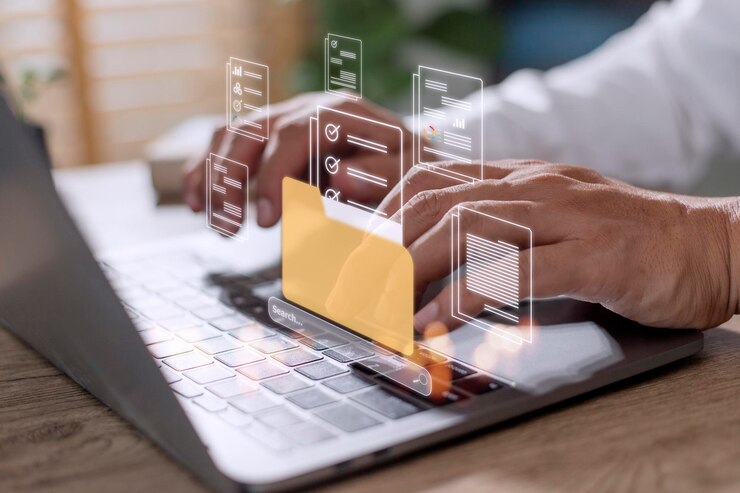Foto carga de documentos desde la carpeta carpeta de archivo abierto con documentos en blanco voladores copia de seguridad de transferencia de datos concepto de transferencia de documentos para compartir archivos