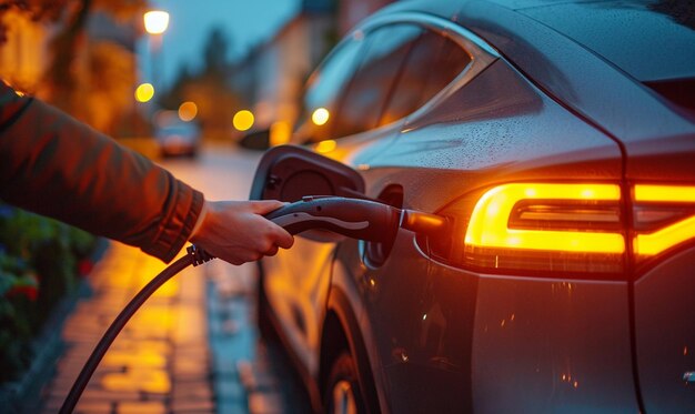 Foto carga eléctrica a mano con el coche eléctrico acercándose a la caja de carga