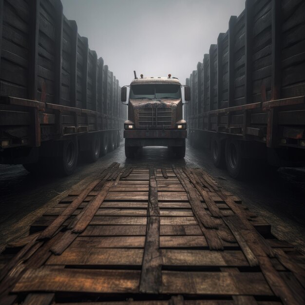 La carga industrial pesada y larga del transportador de madera transporta madera recién aserrada en la carretera Ai generativo