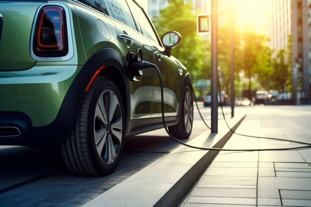 Carga de un mini vehículo eléctrico en una estación de carga Ai generativa.