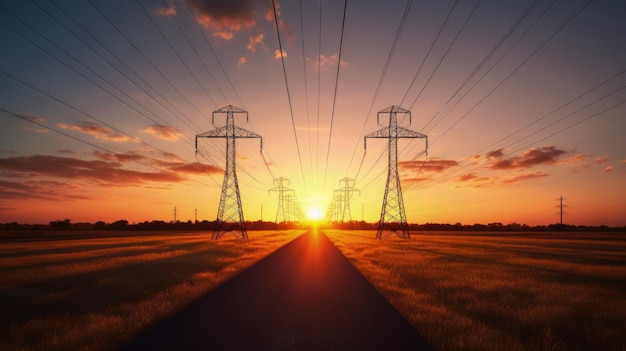 Carga solar de linhas elétricas ao pôr-do-sol no conceito de silhueta da Pampas Argentina