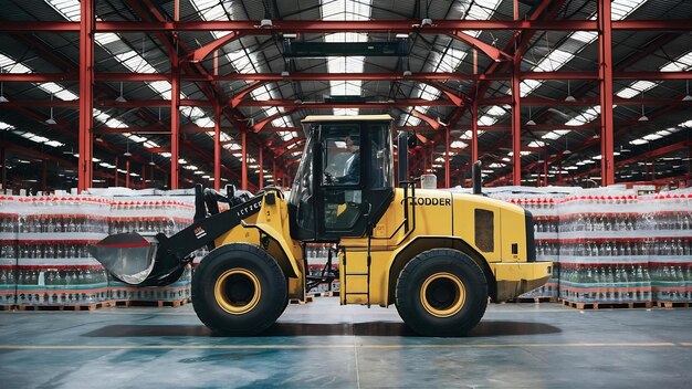 Cargador amarillo en el fondo de un enorme almacén de alimentos industriales con botellas de plástico para mascotas con b