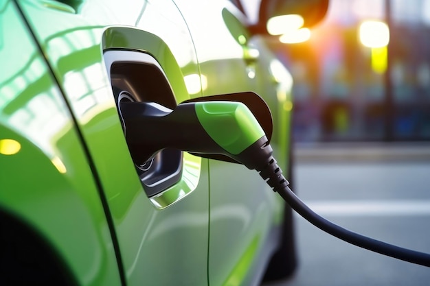 Foto cargador de automóviles eléctricos enchufado en un enchufe de vehículo en un estacionamiento disponibilidad de carga para un vehículo eléctrico energía segura