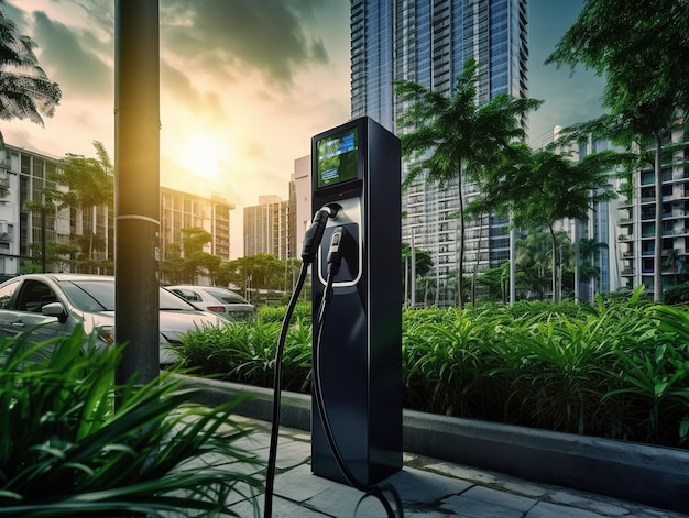 cargador de coche eléctrico en tecnología ecológica hermosa ciudad