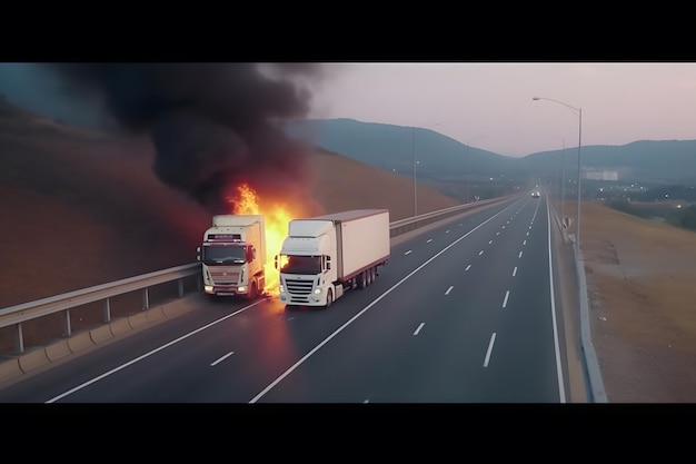 Cargador de combustible en llamas Camión en llamas en la carretera Red neuronal generada por IA