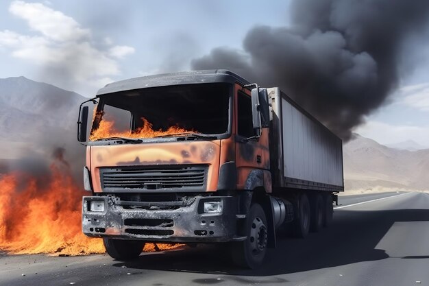 Cargador de combustible en llamas Camión en llamas en la carretera Red neuronal generada por IA