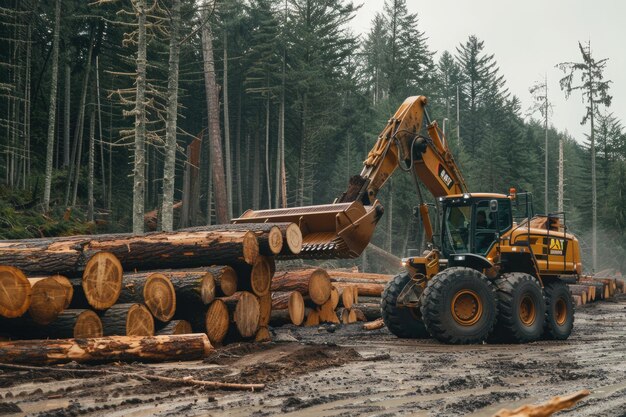 Un cargador de troncos carga un camión con un conductor asegurando la carga en Oregon