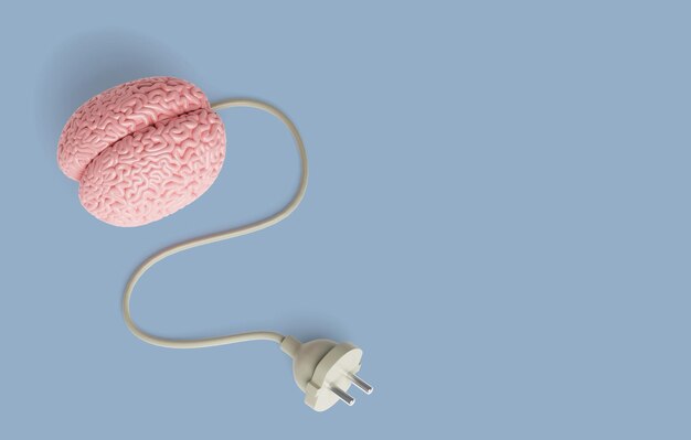 Cargando el cerebro Cerebro humano y cable con un enchufe del zócalo Plantilla Copiar espacio para texto