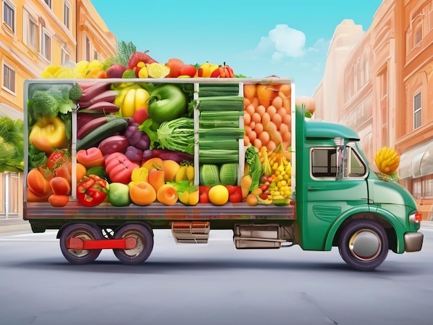 Cargando frutas y verduras frescas, el camión viaja por la ciudad.