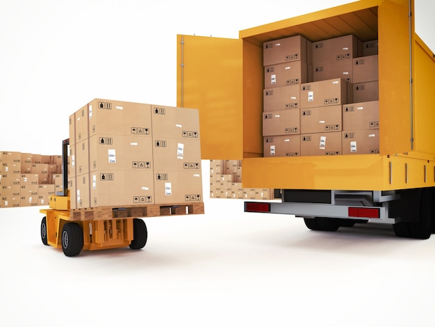 Foto cargando pila de cajas empaquetadas en camión