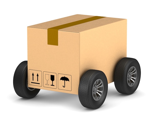 Cargo-Box mit Rad auf weißem Hintergrund. Isolierte 3D-Darstellung