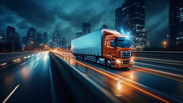 Foto cargo de camión en una autopista con luces borrosas de la ciudad