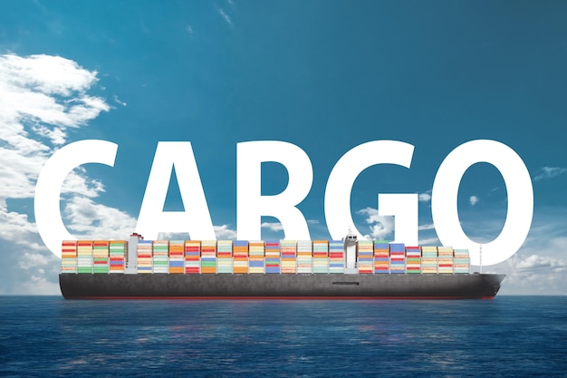 El cargo de inscripción en el fondo de un barco con contenedores en el mar. Transporte de mercancías en contenedores por vía marítima. medios mixtos Transporte, logística, entrega, negocios, globalización.