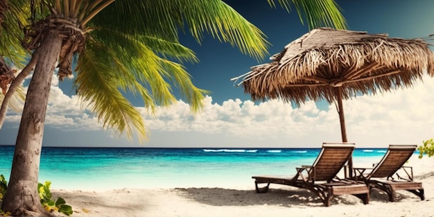 Caribbean Palm Beach con sillas de madera y sombrilla de paja isla idílica