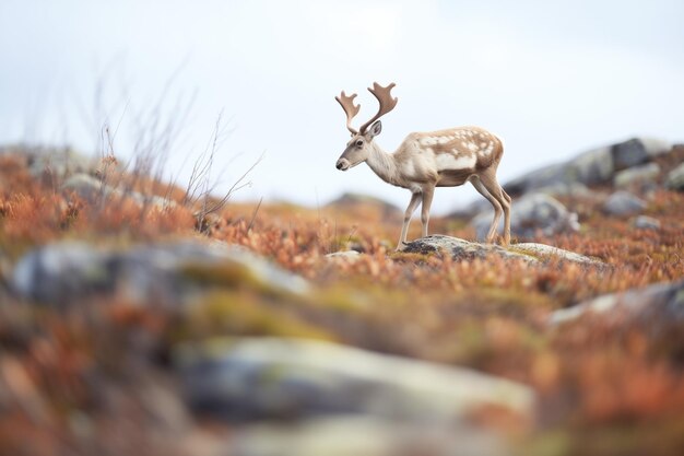 El caribú caminando por un campo de rocas en la tundra