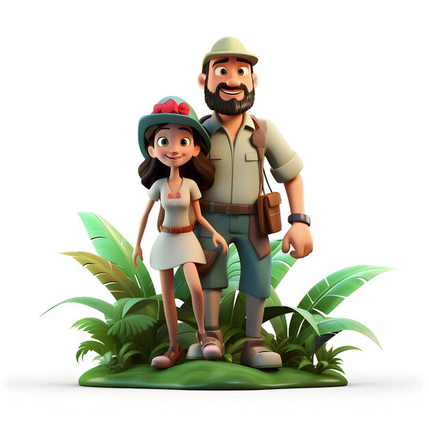 Caricatura 3d de una chica con su padre explorando la selva aislada en blanco