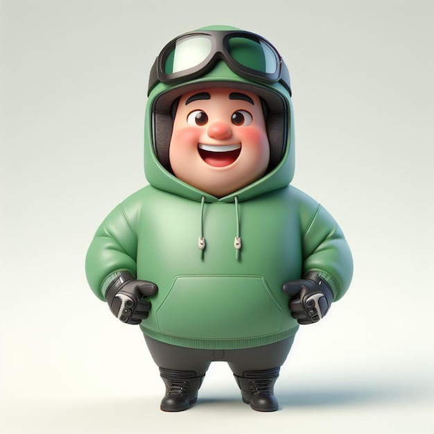 Caricatura 3D de um homem vestindo um capuz verde e capacete