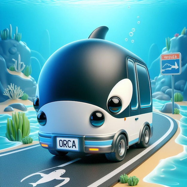 Foto caricatura 3d de um minibus de orca bonito