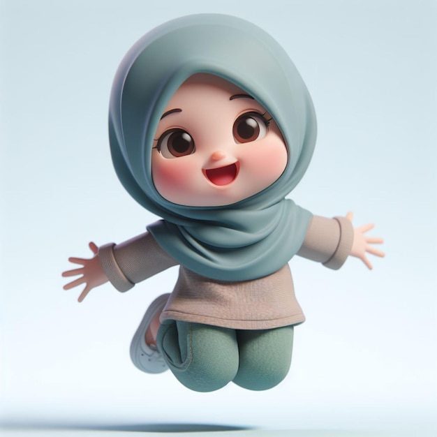 Caricatura 3D de uma criança pequena usando um hijab e pulando com expressão feliz