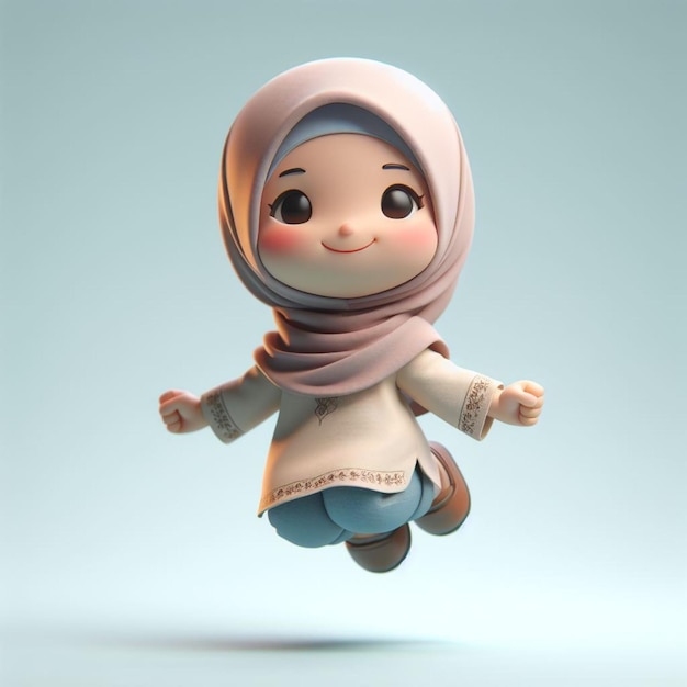 Caricatura 3D de uma criança pequena usando um hijab e pulando com expressão feliz