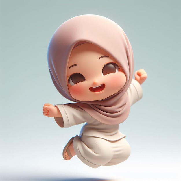 Caricatura 3D de uma criança pequena usando um hijab e pulando com expressão feliz