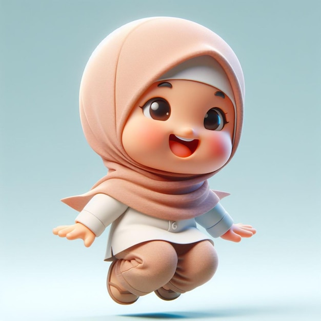 Caricatura 3D de uma criança pequena usando um hijab e pulando com expressão feliz