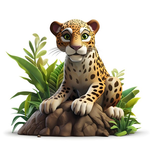 Caricatura 3D de un jaguar en la jungla aislado en blanco