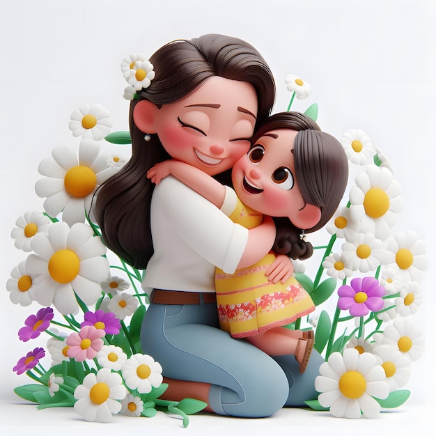 Caricatura en 3D Madre e hija abrazándose el uno al otro en el día de la madre