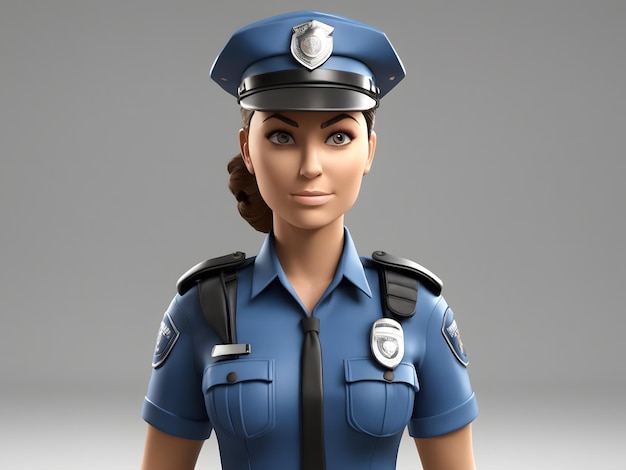 Caricatura en 3D de una mujer policía con gorra y uniforme de fondo blanco