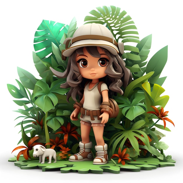 Caricatura 3d de una niña jugando en la selva aislada en blanco