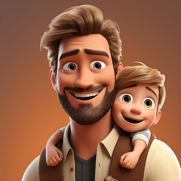 Caricatura en 3D de un padre feliz sosteniendo a su hijo