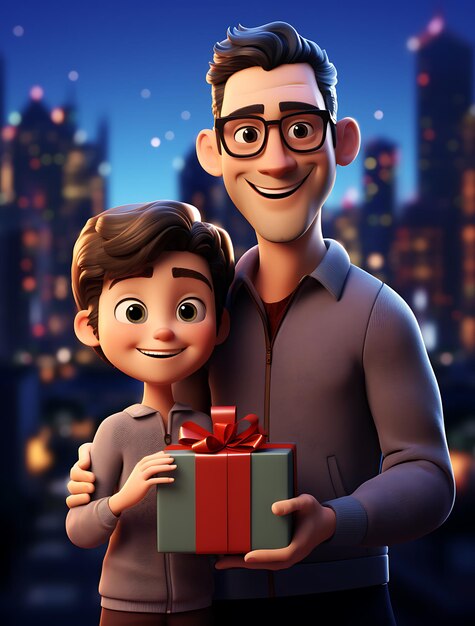 Caricatura en 3D de un padre feliz sosteniendo a su hijo