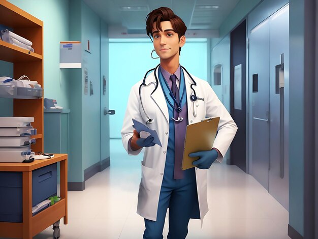 Caricatura en 3D de un personaje médico en un hospital