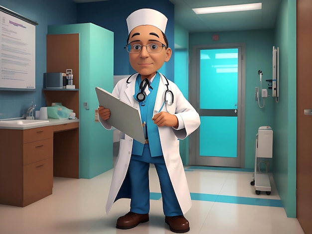 Caricatura en 3D de un personaje médico en un hospital