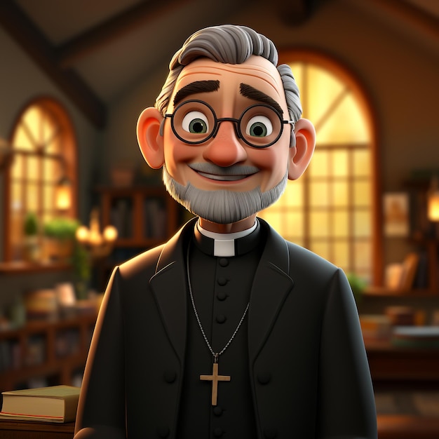 Caricatura en 3D de un sacerdote con todo el cuerpo