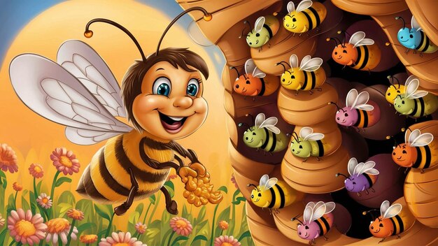 una caricatura de una abeja con una abeja en el medio