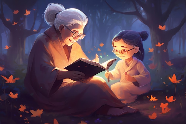 Una caricatura de un abuelo leyendo un libro con una niña