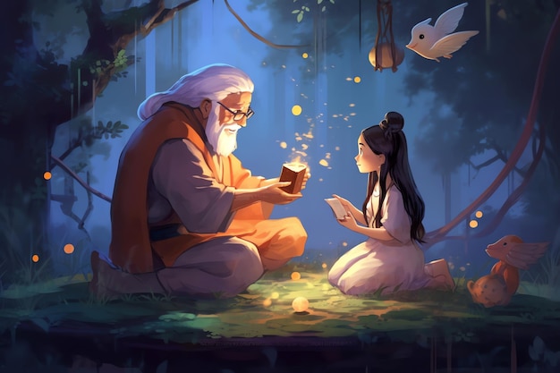 Una caricatura de un abuelo leyendo un libro con una niña