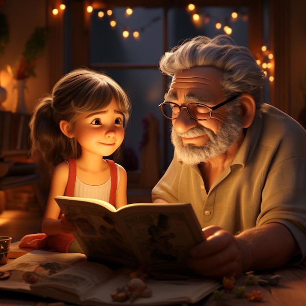 Una caricatura de un abuelo leyendo un libro con una niña