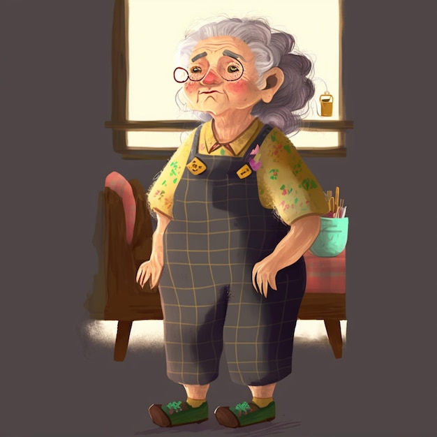 Foto caricatura de una anciana con anteojos y overoles de pie frente a una ventana generativa ai