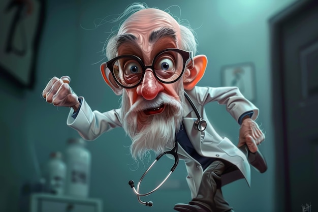 una caricatura de un anciano con gafas y un estetoscopio alrededor de su cuello