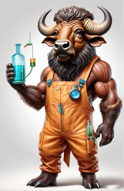 caricatura antropomórfica búfalo vestindo uma roupa de química com ferramentas químicas